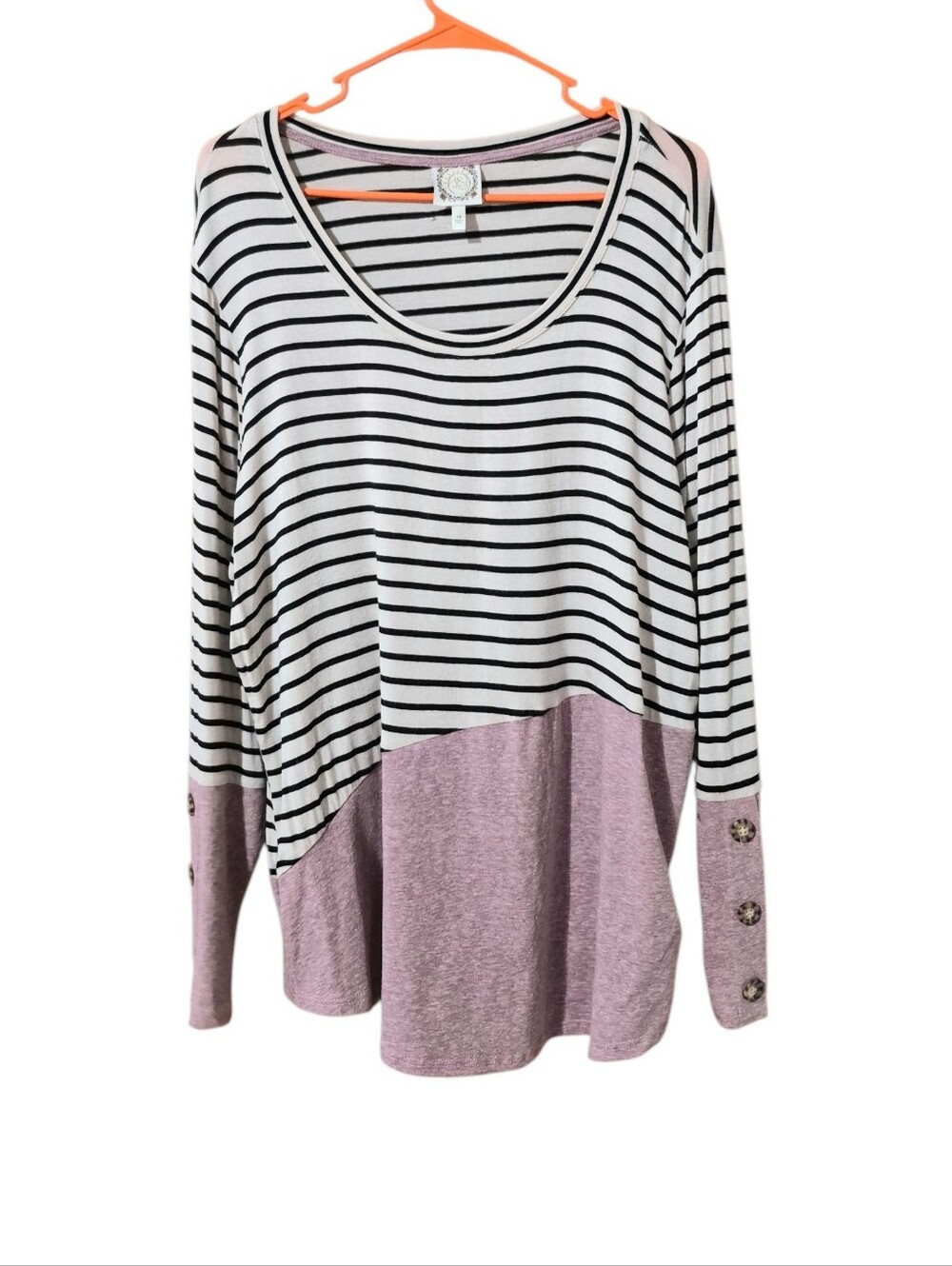 Truself Striped Scoop Neck Colorblock Long Sleeve Top - Pink